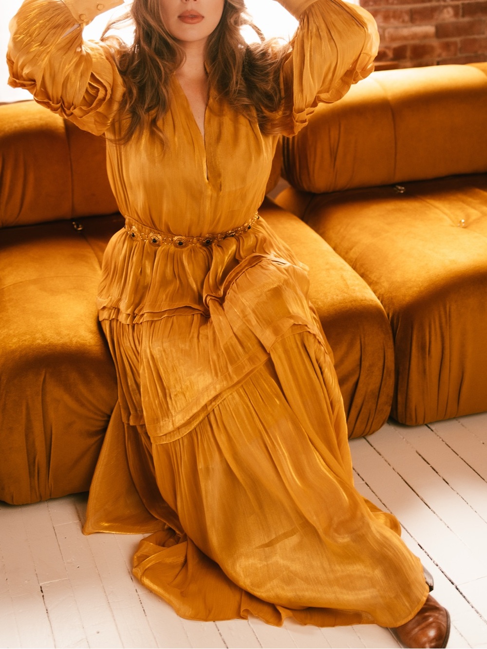 Stoned Immaculate Mustard-Gold Pleated Hemingway Dress with Balloon Sleeves